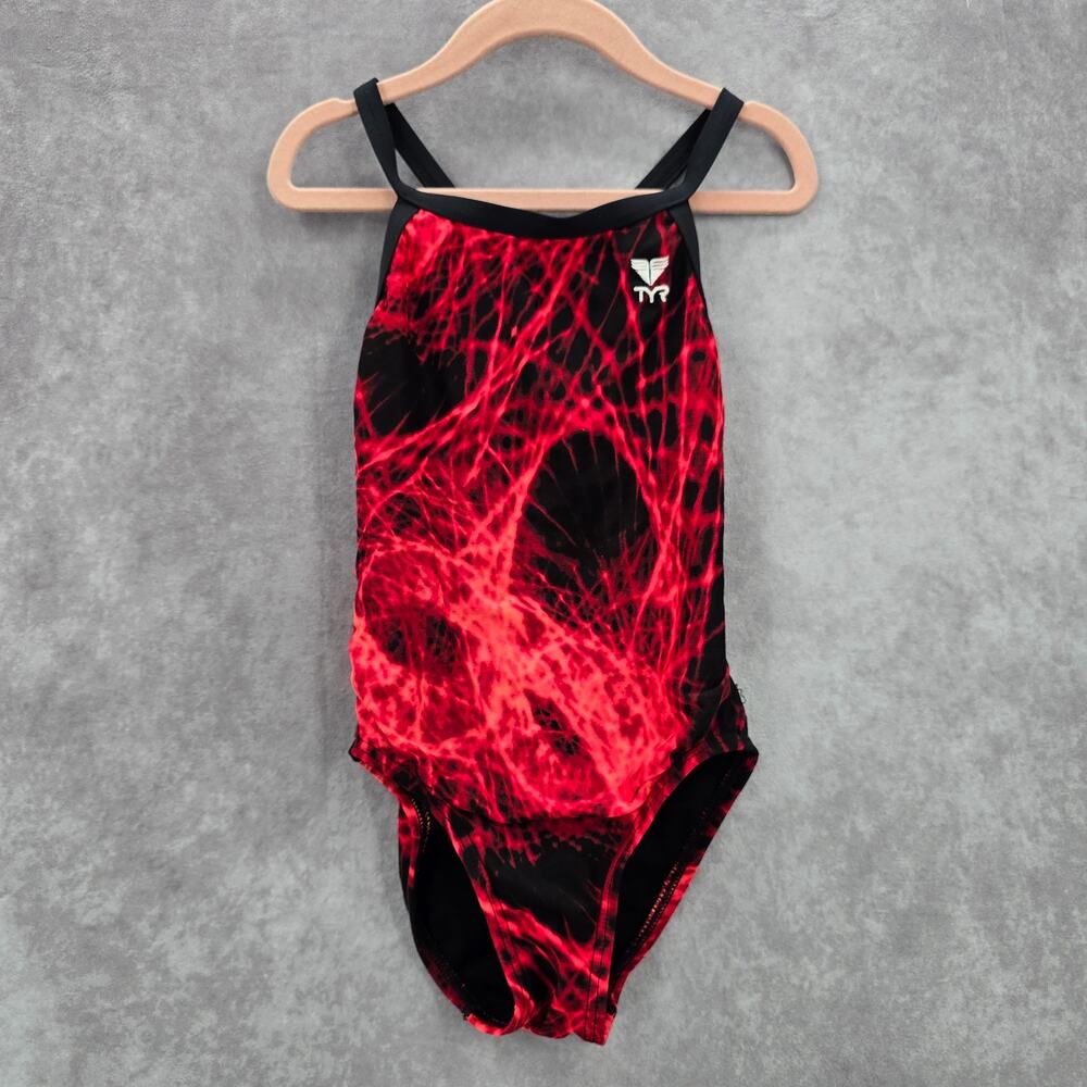 TYR Red Black One‎ Piece Swimsuit Girls Toddler Leotard Crisscross Tie Dye 22